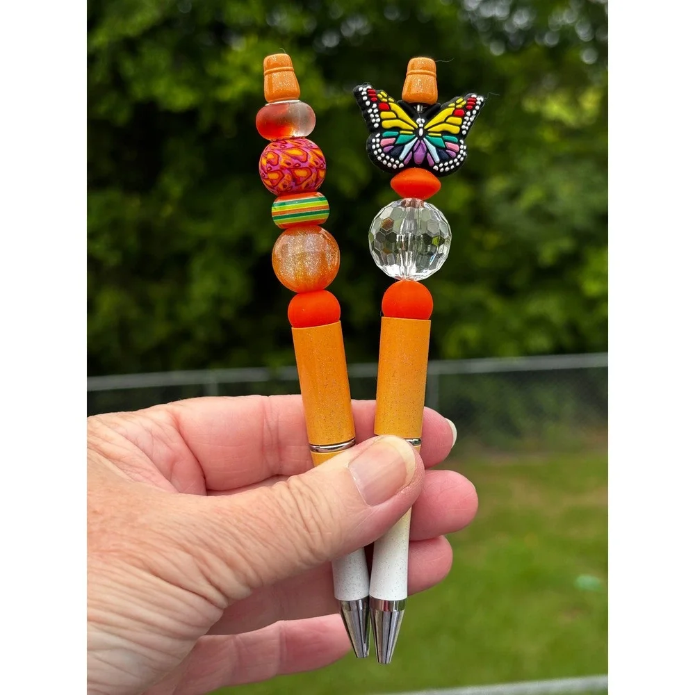 Sugar Skull‎ Keychain and Beaded Pen Set Orange Butterfly Day of the Dead 3pc